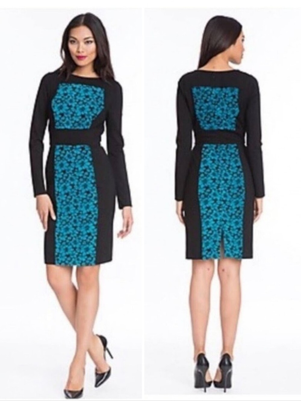 NWT Plenty By Tracy Reese Black/Teal Floral Lace Panel Long-Sleeve Sheath Dress